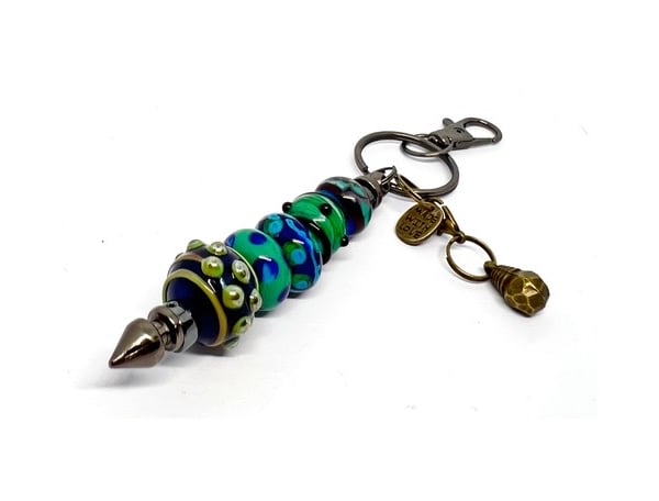 Handmade Lamp-work Glass Bead Bag Charm Keyring with added Charms Unique Gift 