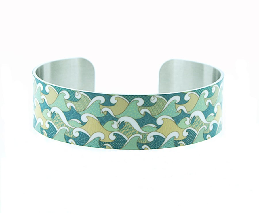 Ocean jewellery bracelet, narrow metal cuff with sea green waves and surf. B127