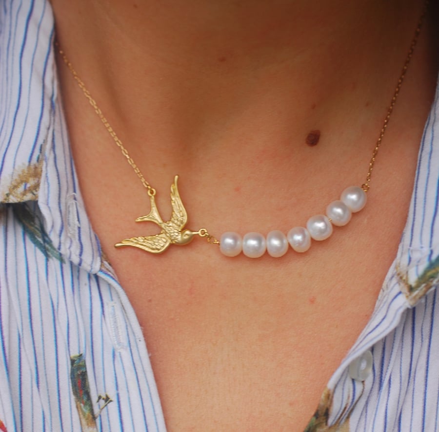 18k gold plated freshwater pearls birds swallow pendant women necklace