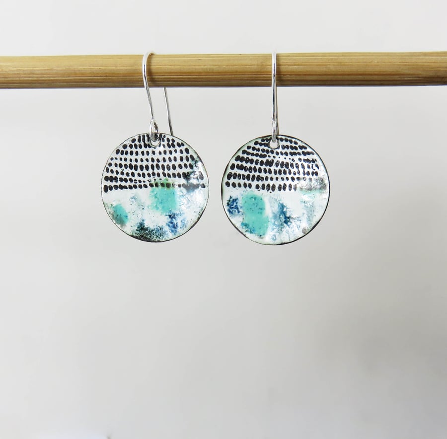 Blue, Turquoise and White Enamel Round Dangle Copper Earrings with Dot Design