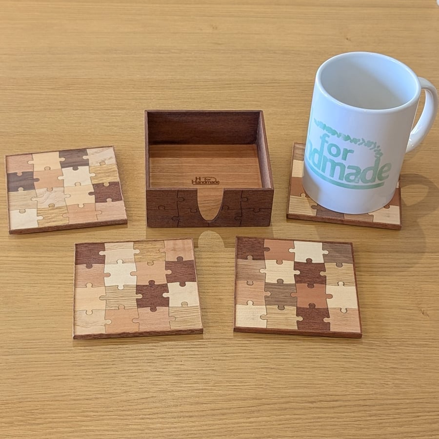 Handmade Wooden Jigsaw Puzzle Coasters - Beech or Mahogany - Optional Holder
