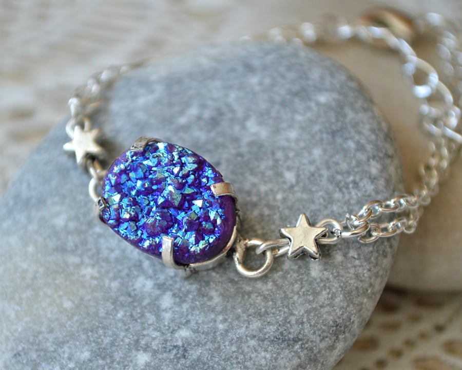 Purple Druzy Agate and Silver Star Bracelet