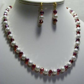 Shell Pearl and Ruby Red Crystal Jewellery Set