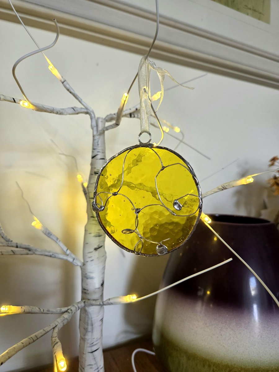 Yellow stained glass bauble, round Christmas tree deocration, glass ornament