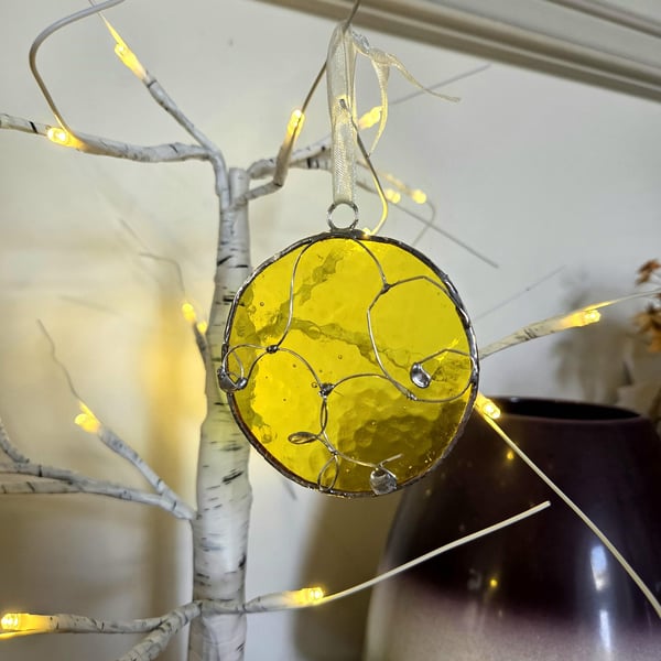 Yellow stained glass bauble, round Christmas tree deocration, glass ornament