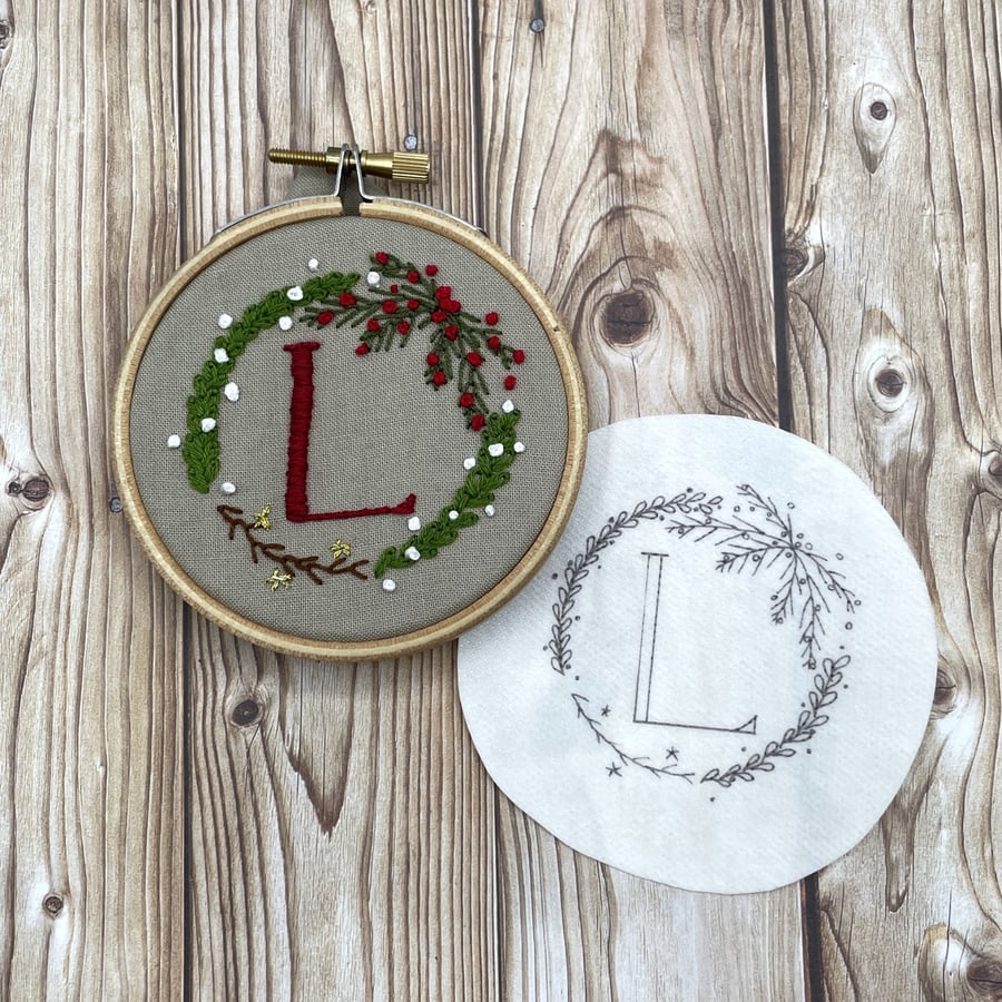 Personalised Christmas decoration. Custom initial on embroidery wreath sticker