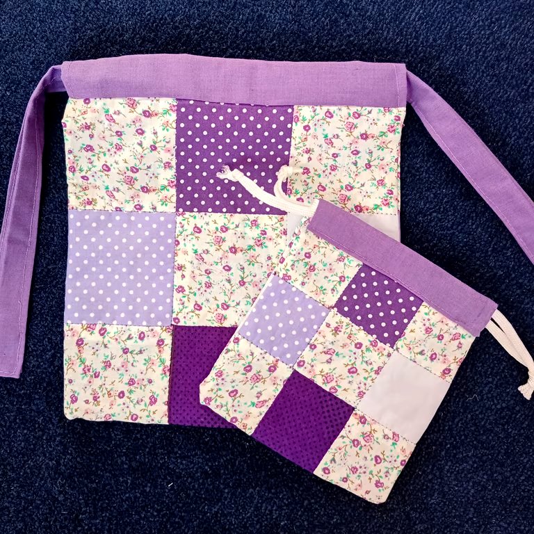 Pair of patchwork drawstring bags, gift bags, project bags. Choice of colours