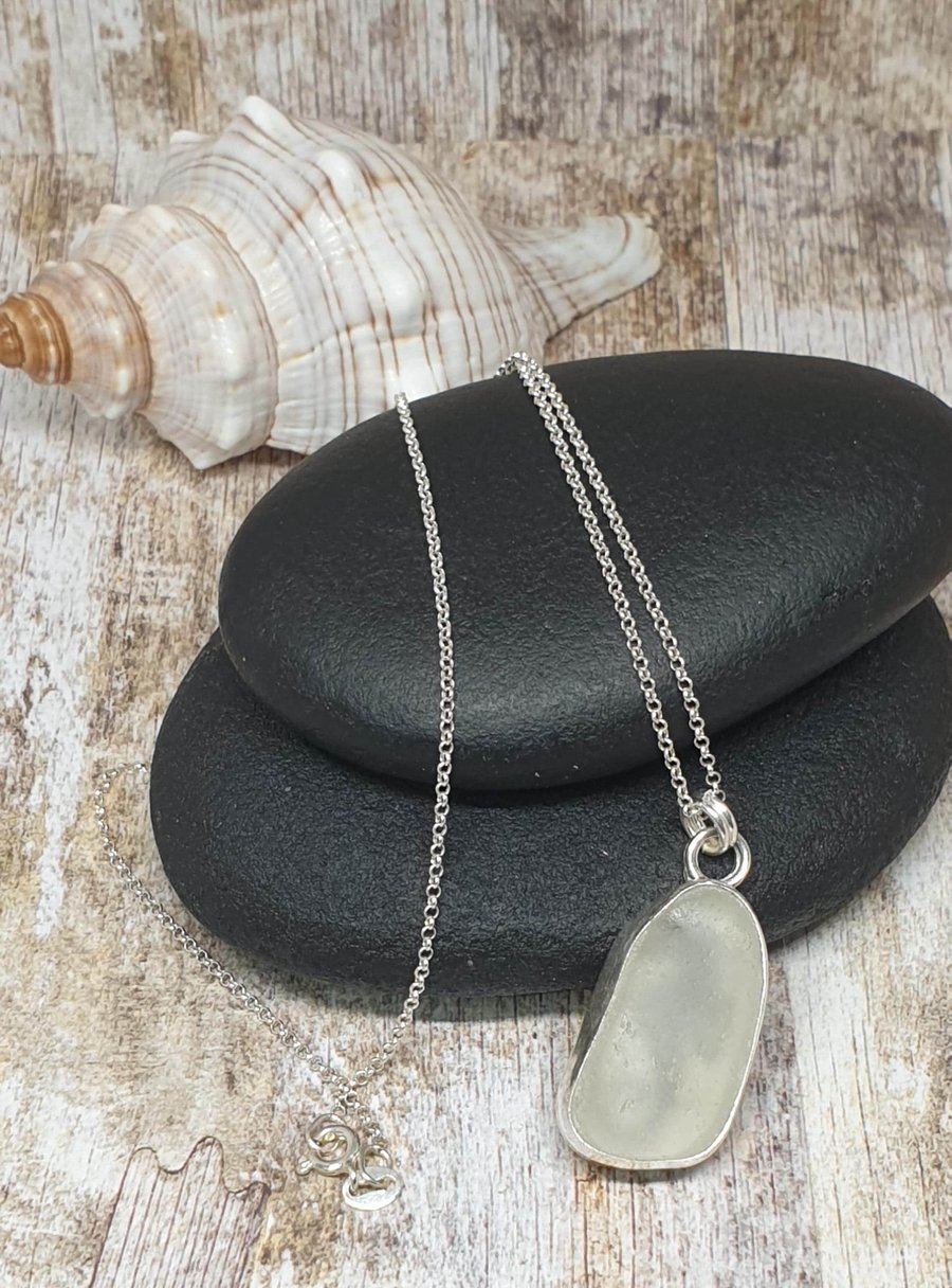 Sterling Silver 925 White Seaham Seaglass Seahorse Pendant Full Hallmark