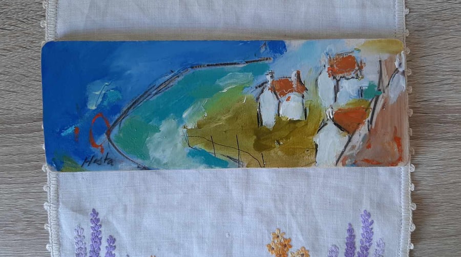 Coastal cottages small painting 