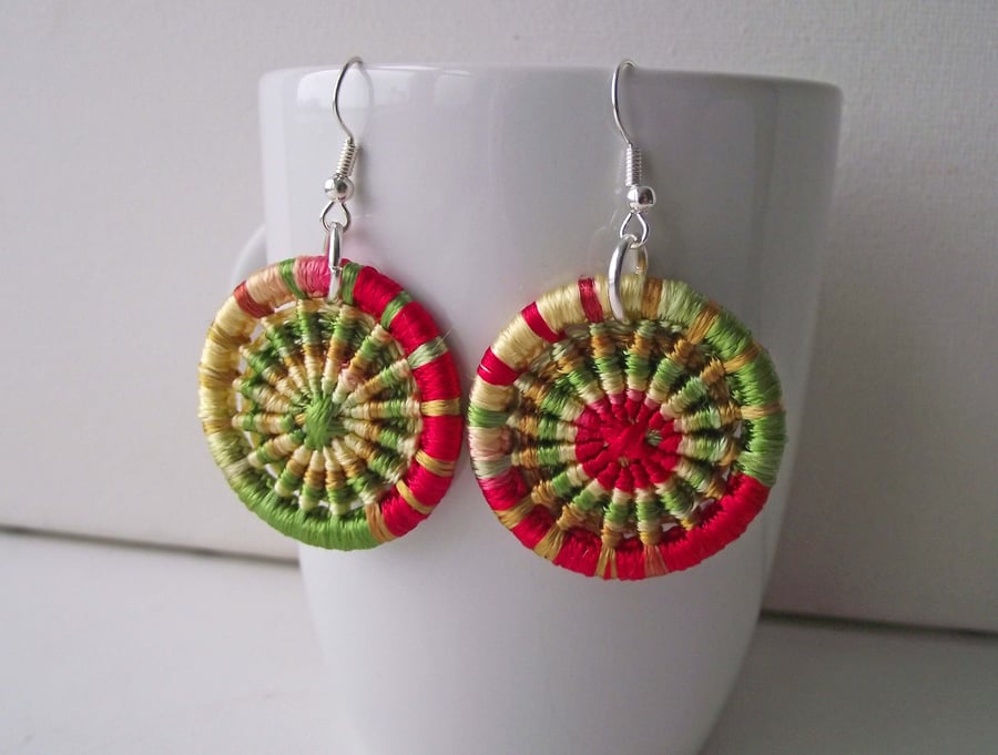 Dorset Button Drop or Dangle Earrings, Red, Green, Gold, Viscose Silk