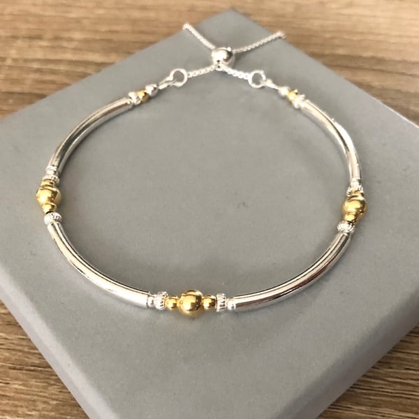 Sterling Silver and Gold Vermeil Bead Bracelet, Adjustable Slider Clasp Bracelet