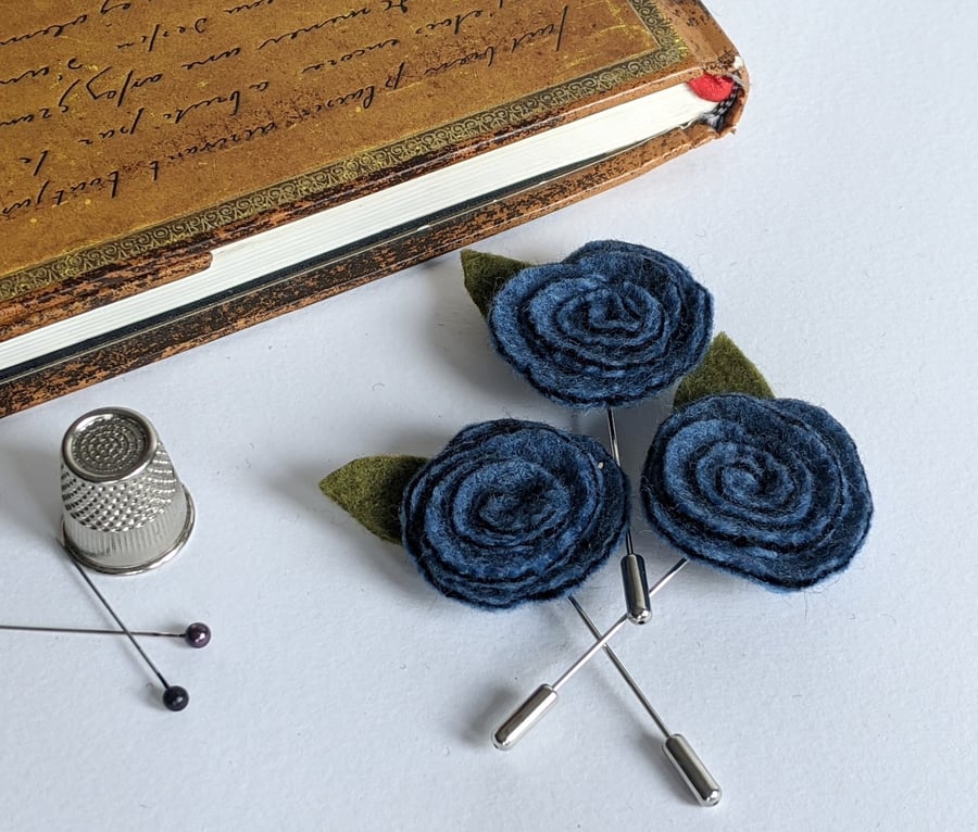 Art deco inspired rose lapel pin or brooch - airforce blue
