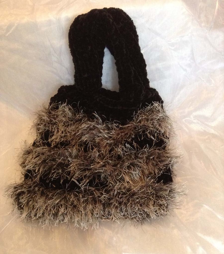 Black and grey furry knitted bag