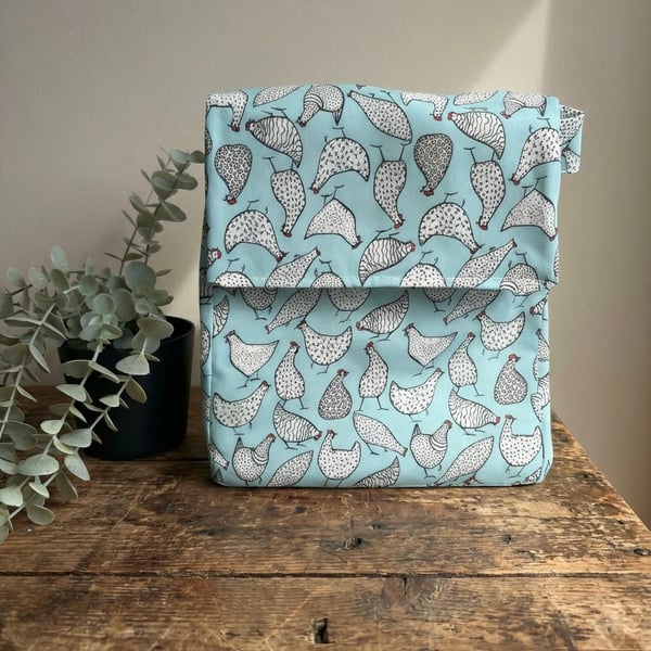 Chicken Themed Handmade Insulated Lunch bag on Duck-Egg Blue Background