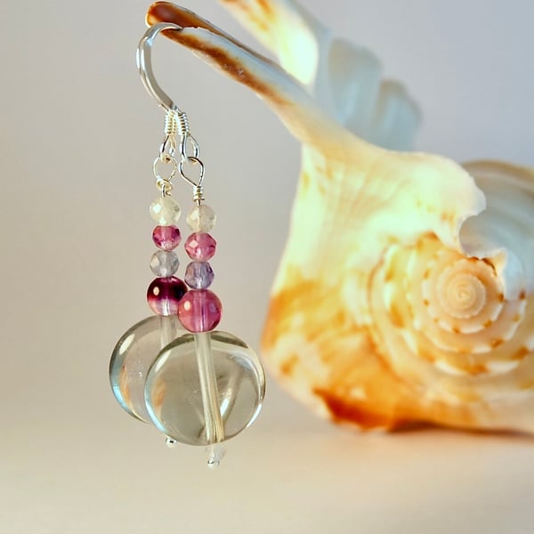 Gemstone Earrings, Green & Purple Fluorite, Sterling Silver - Handmade In Devon