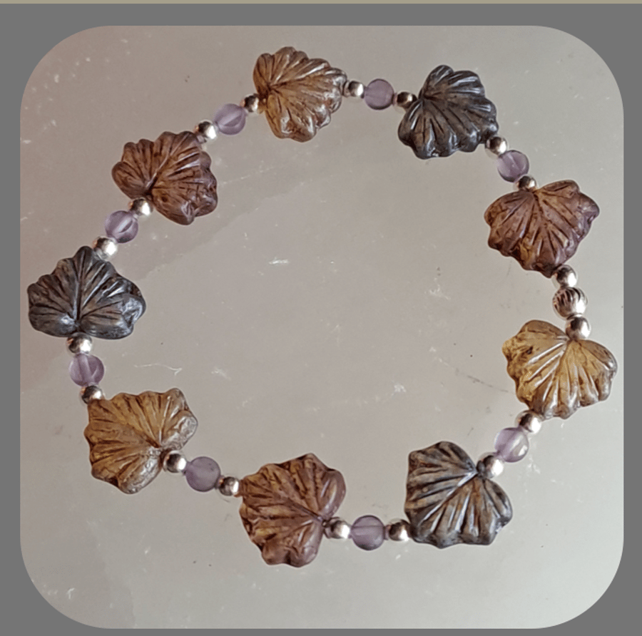  Czech glass, Amethyst and Sterling Silver Leaf bracelet