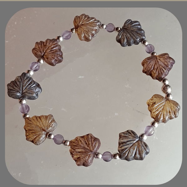  Czech glass, Amethyst and Sterling Silver Leaf bracelet