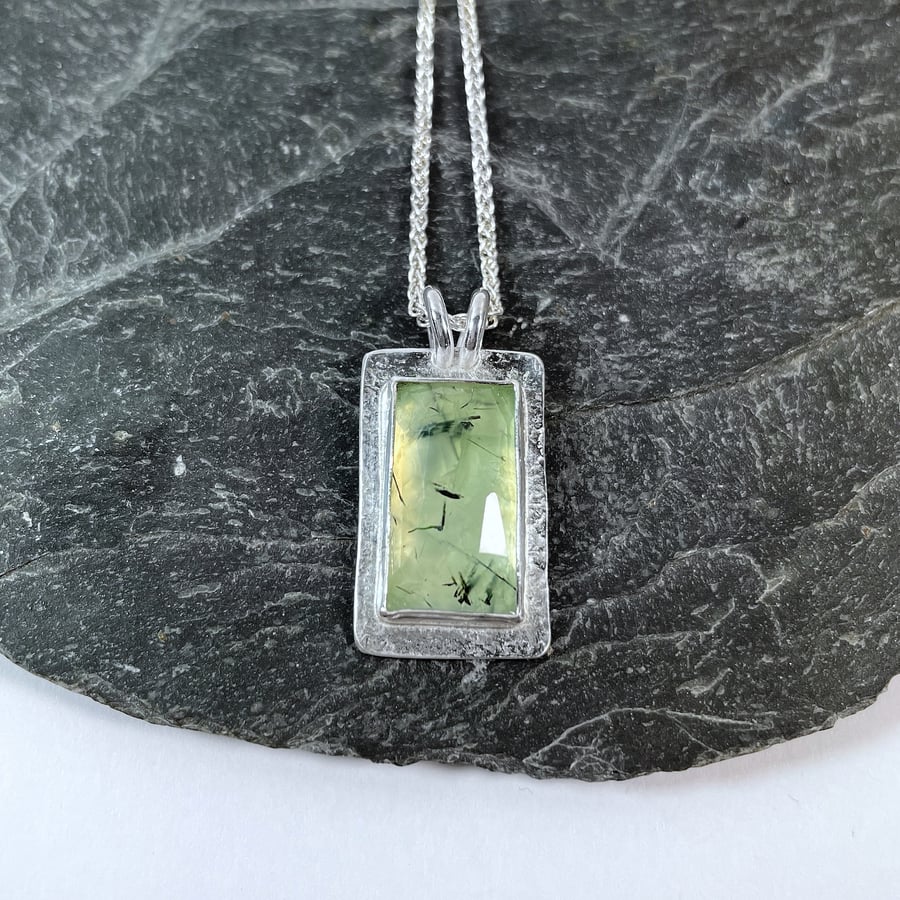 Silver and prehnite rectangular pendant and chain