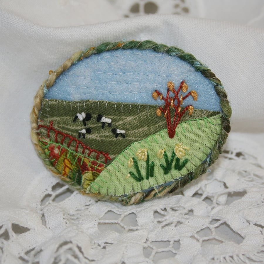 Embroidered Applique Spring Brooch - Hillside Sheep