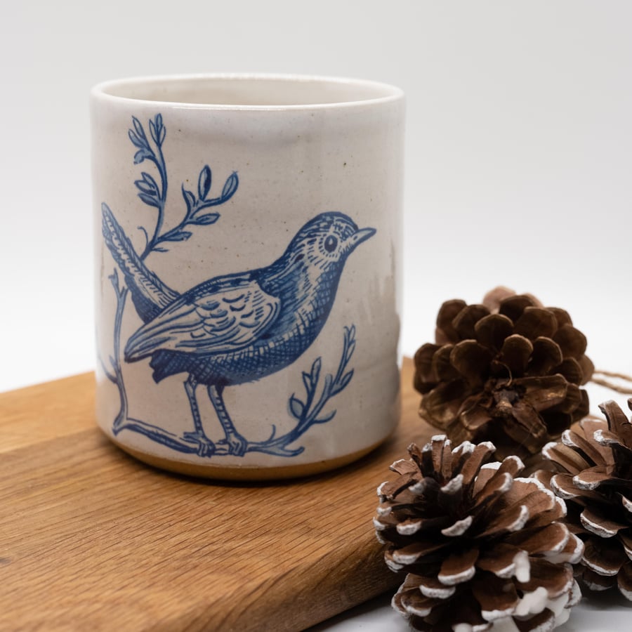 Handmade Ceramic Beaker - bird illustration 