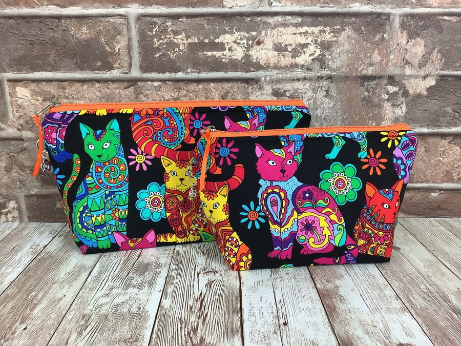 Hippy Cats Zip case, Makeup bag, Handmade, 2 size options