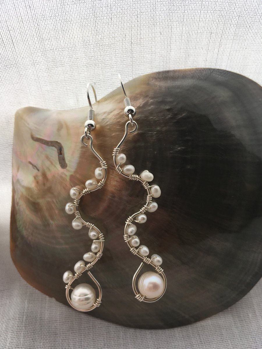 Sinuous freshwater pearl drop earrings - made in Scotland. 