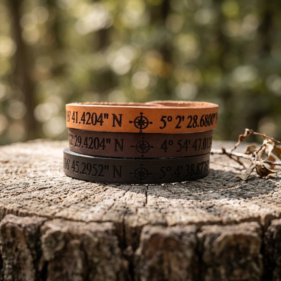 Adjustable Personalised Leather Coordinates Bracelet - Optional Secret Message 