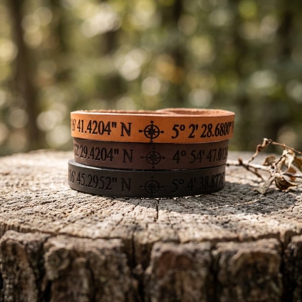 Adjustable Personalised Leather Coordinates Bracelet - Optional Secret Message 