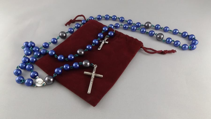 Tradtional Rosary with Blue and Grey Glass Pearl beads
