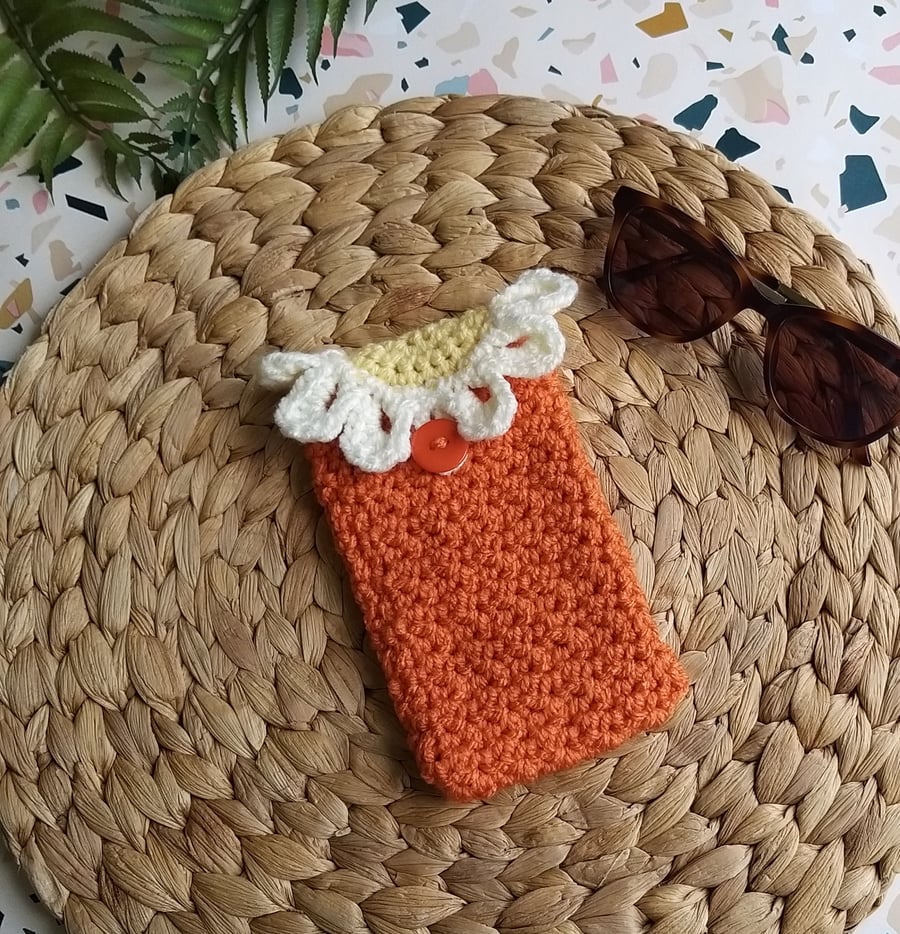 Crochet Sunglasses Case Daisy, Glasses Case, Phone Case Spice, Burnt Orange