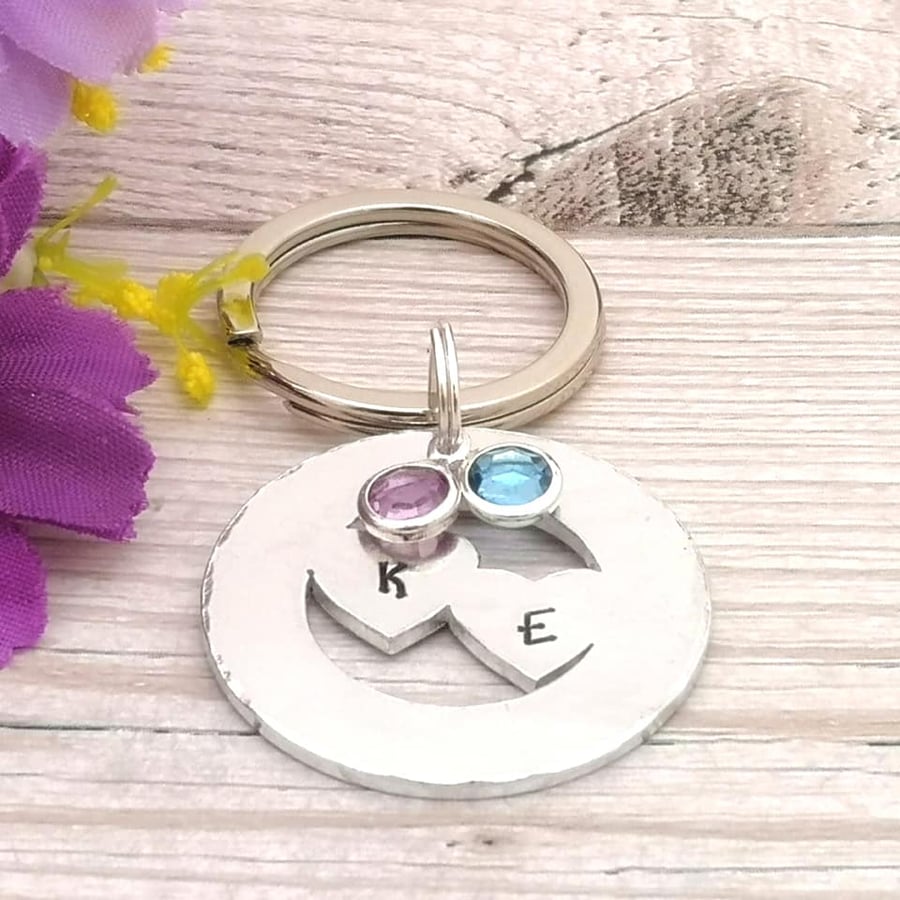 Personalised Valentines Day Gift For Her - Heart Keyring With Birthstone Crystal
