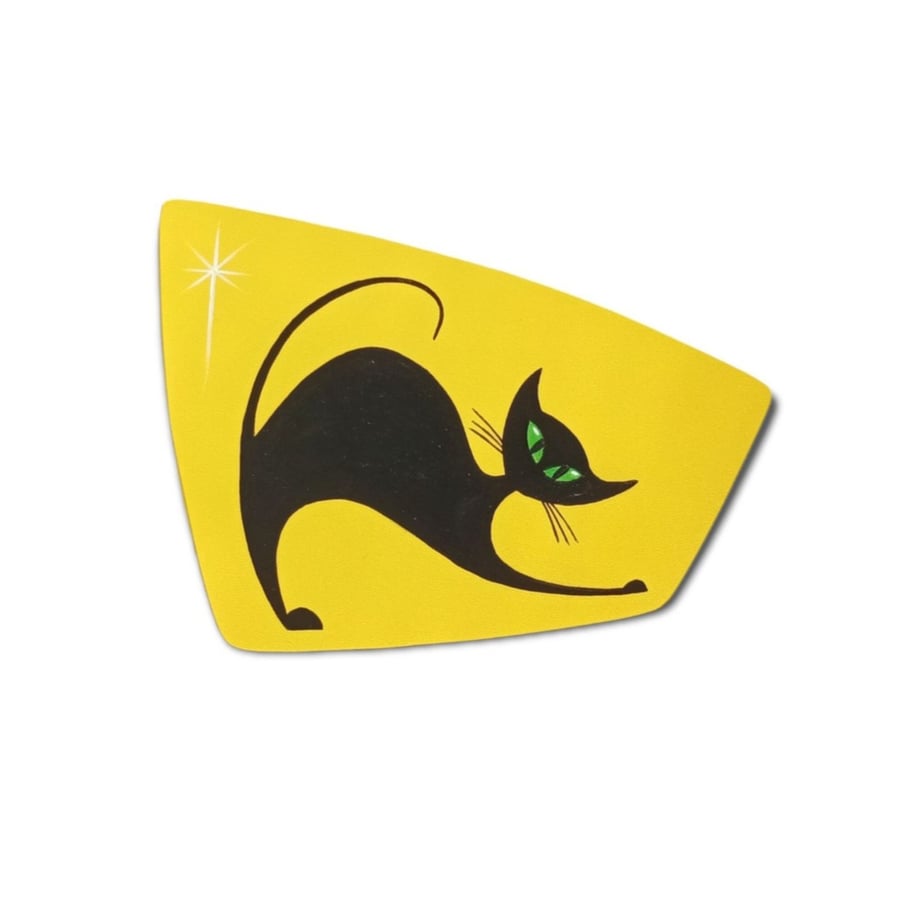 Mid-Century Inspired Cat Wall Plaque, Hand Painted in a Black and Yellow Design