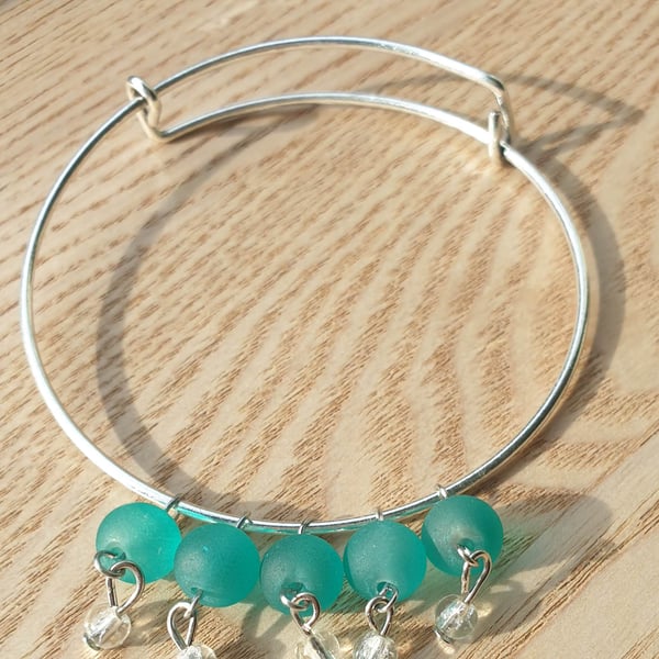 Sea-green Frosted Glass Beaded Bangle 