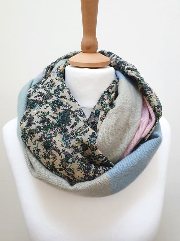 Sari silk and tweed double sided infinity scarf. Muted shades of pink, green, bl
