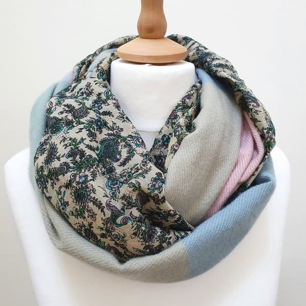 Sari silk and tweed double sided infinity scarf. Muted shades of pink, green, bl