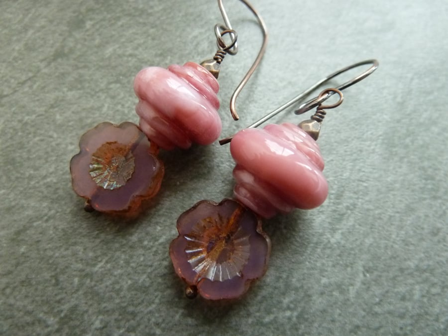 copper, pink lampwork glass, flower earrings