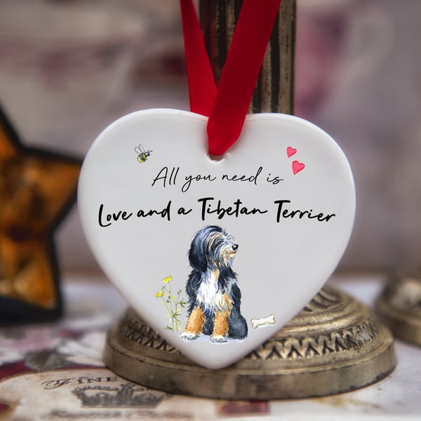 Love and a Tibetan Terrier Ceramic Heart