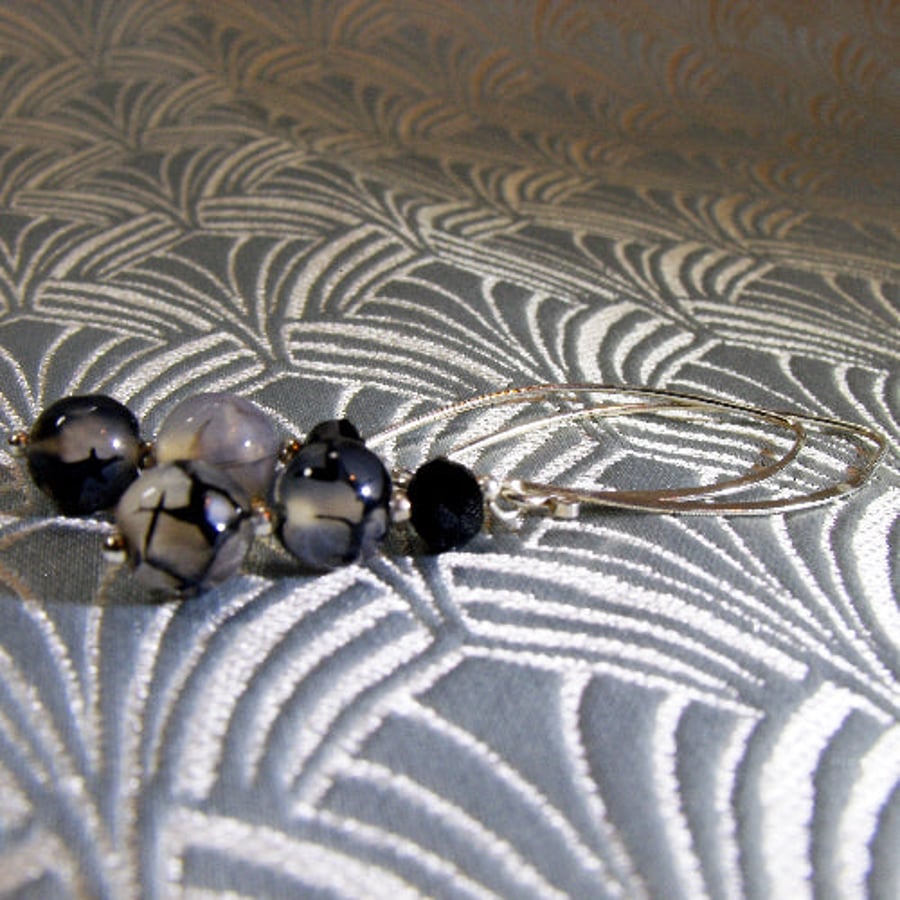 Long Black Grey Dangle Earrings, Long Drop Grey Black Handmade Earrings NM5