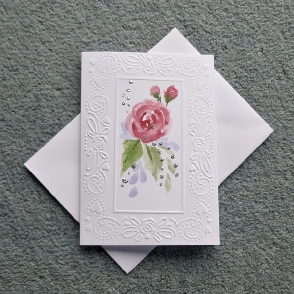 hand painted rose blank greetings card ( ref F379.S4)