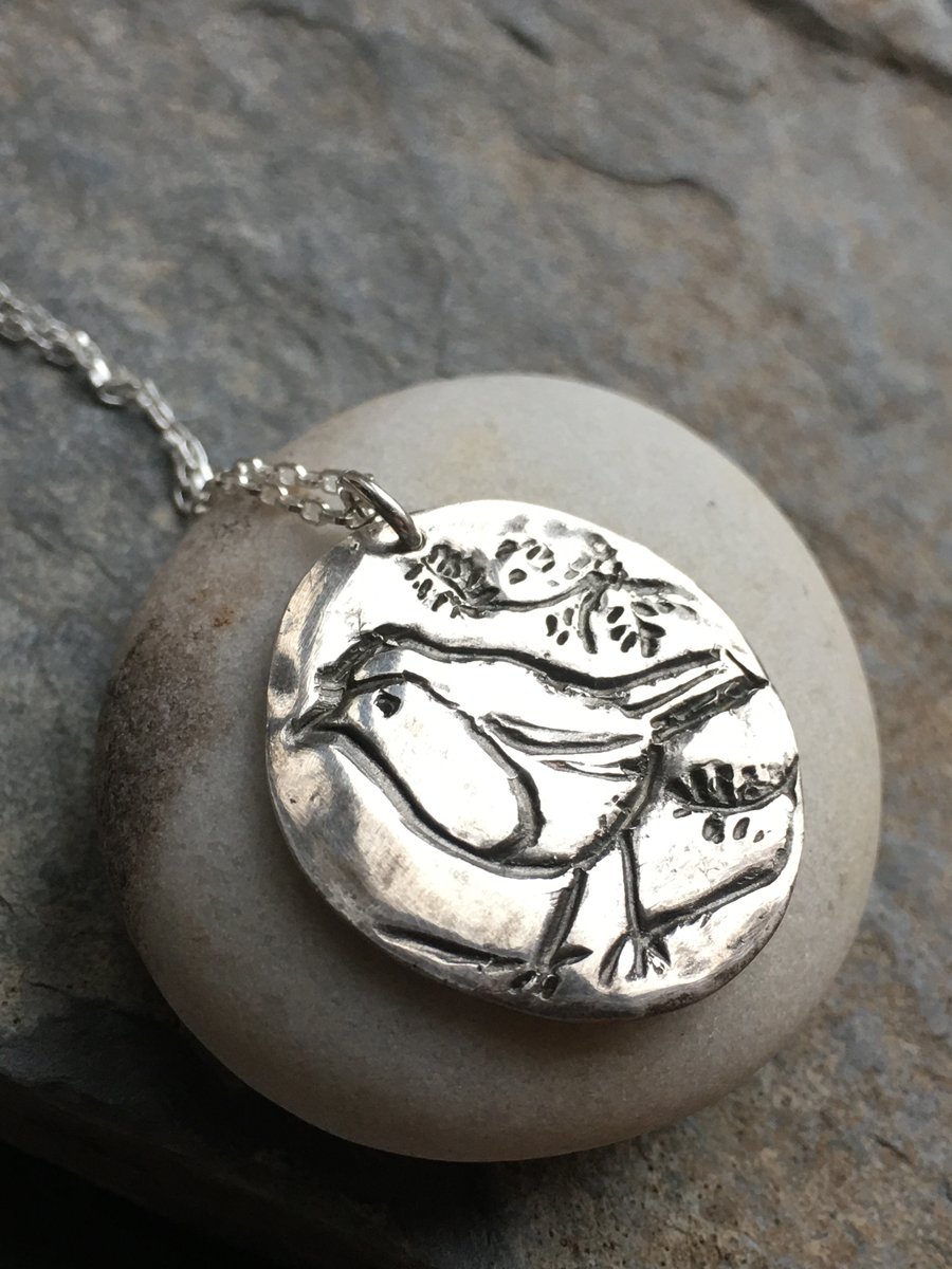 Robin handmade fine silver pendant on sterling silver chain