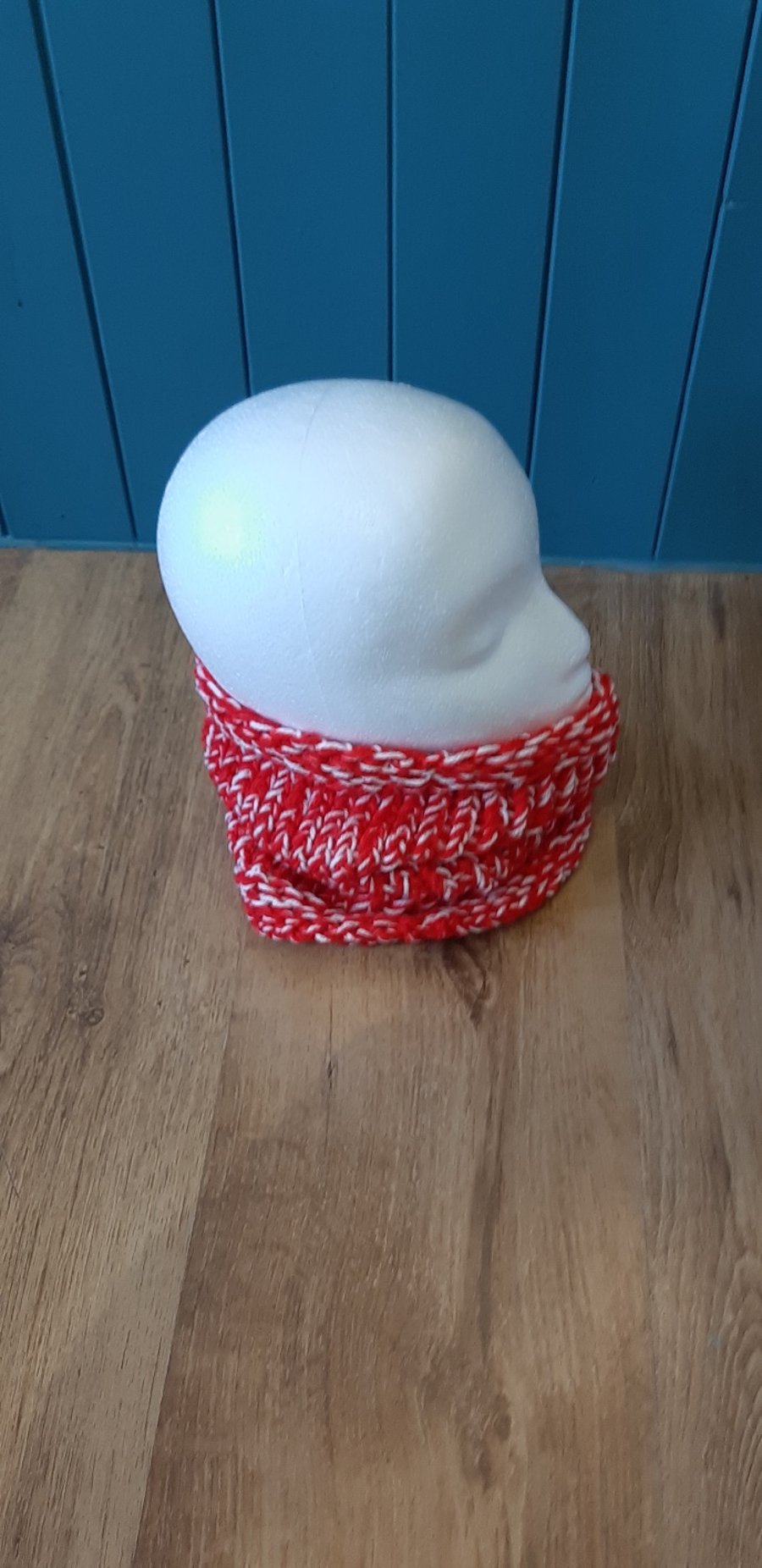 Red and White Knitted Cowl (12 inches long)