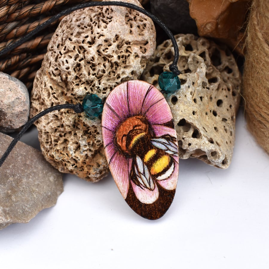 Pyrography bee on a flower oval pendant necklace, wood anniversary