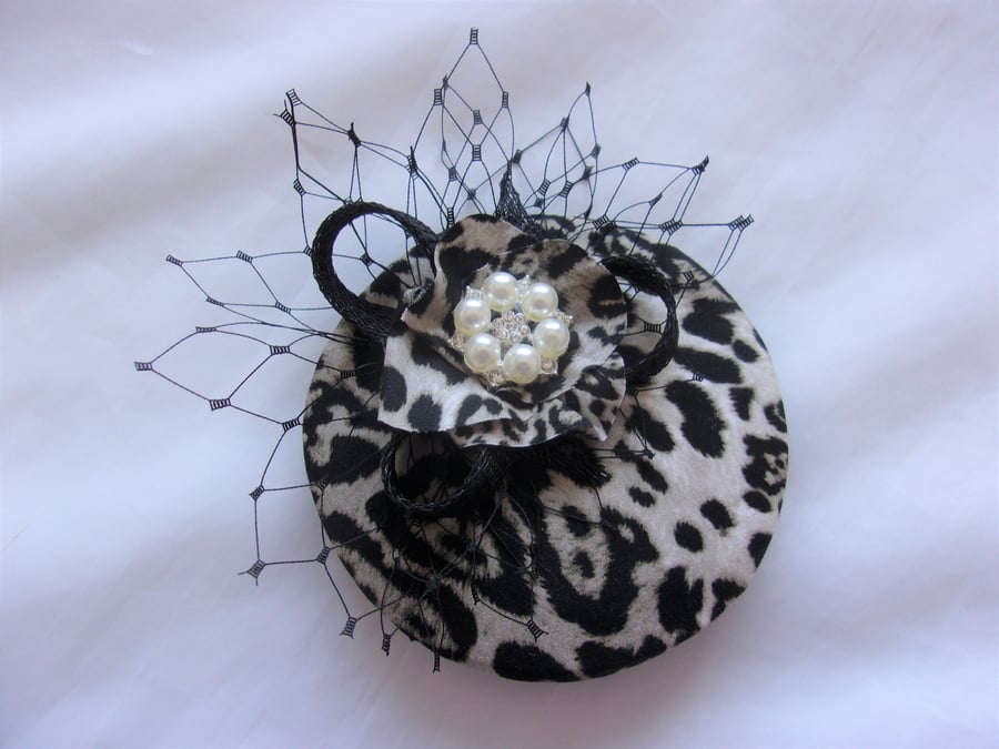 Snow Leopard Print Cocktail Percher Hat Fascinator in Black Cream & Beige