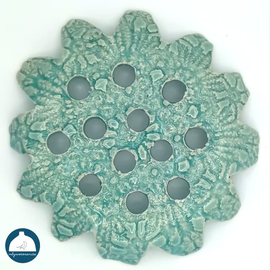 Ceramic flower frog, aqua