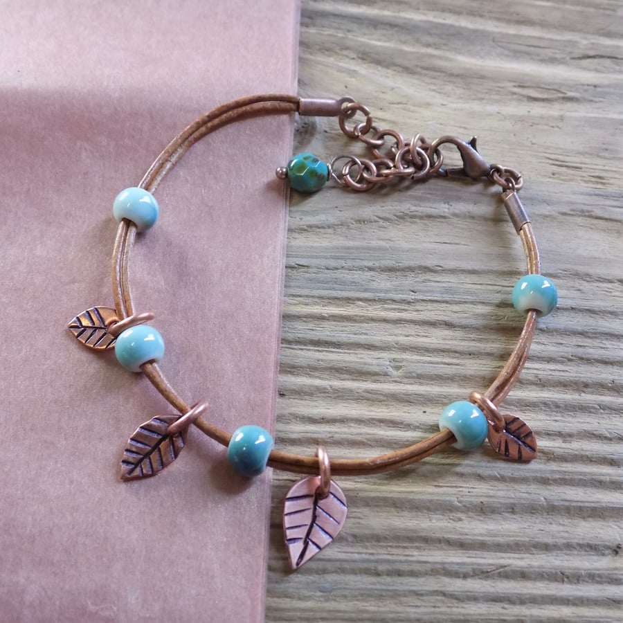 Rustic aged copper 'spring leaves' leather bracelet