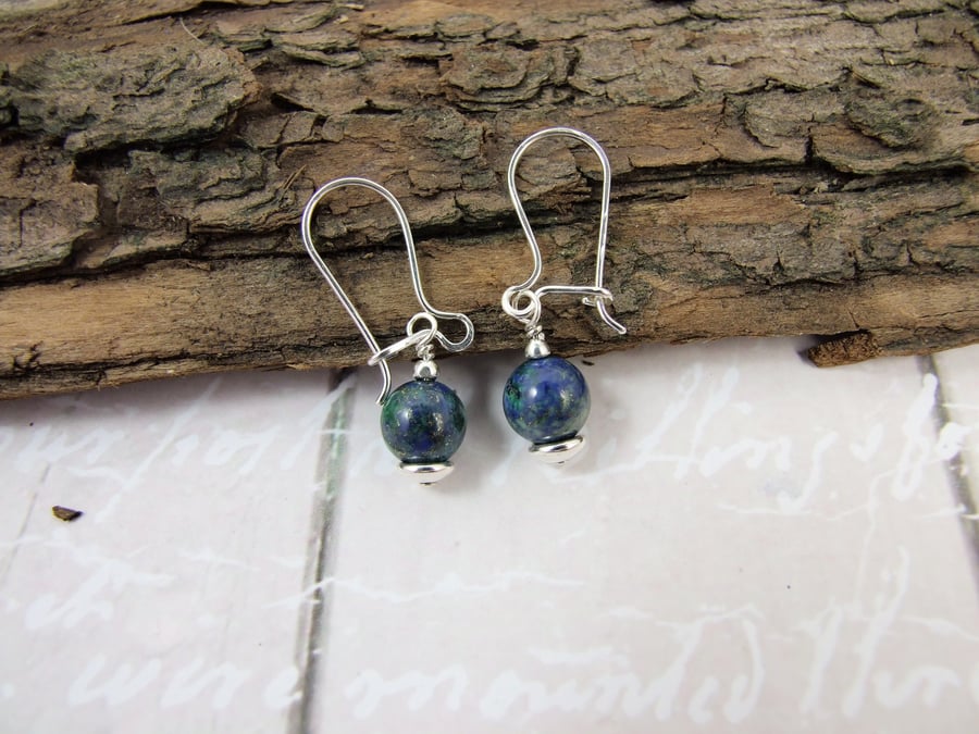 Earrings, Sterling Silver Blue and Green Chrysocolla Gemstone Dangle