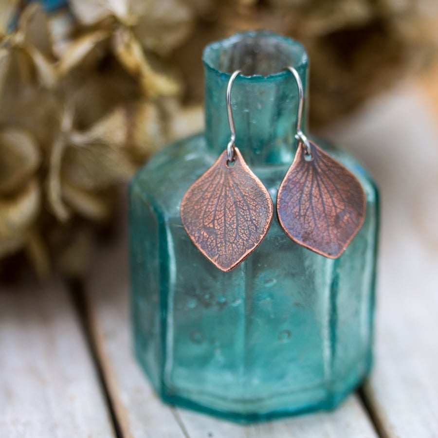 Copper Hydrangea Petal Drop Earrings