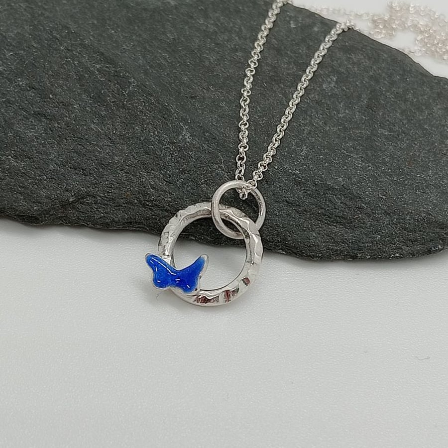Enamelled butterfly necklace royal blue sterling silver hallmarked