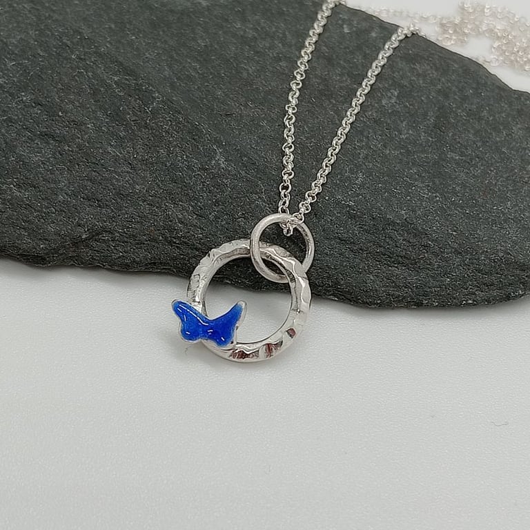 Enamelled butterfly necklace royal blue sterling silver hallmarked