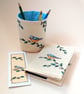 Beautiful Bundle - Notebook, Pencil Pot and Bookmark with Embroidered Blue Tit